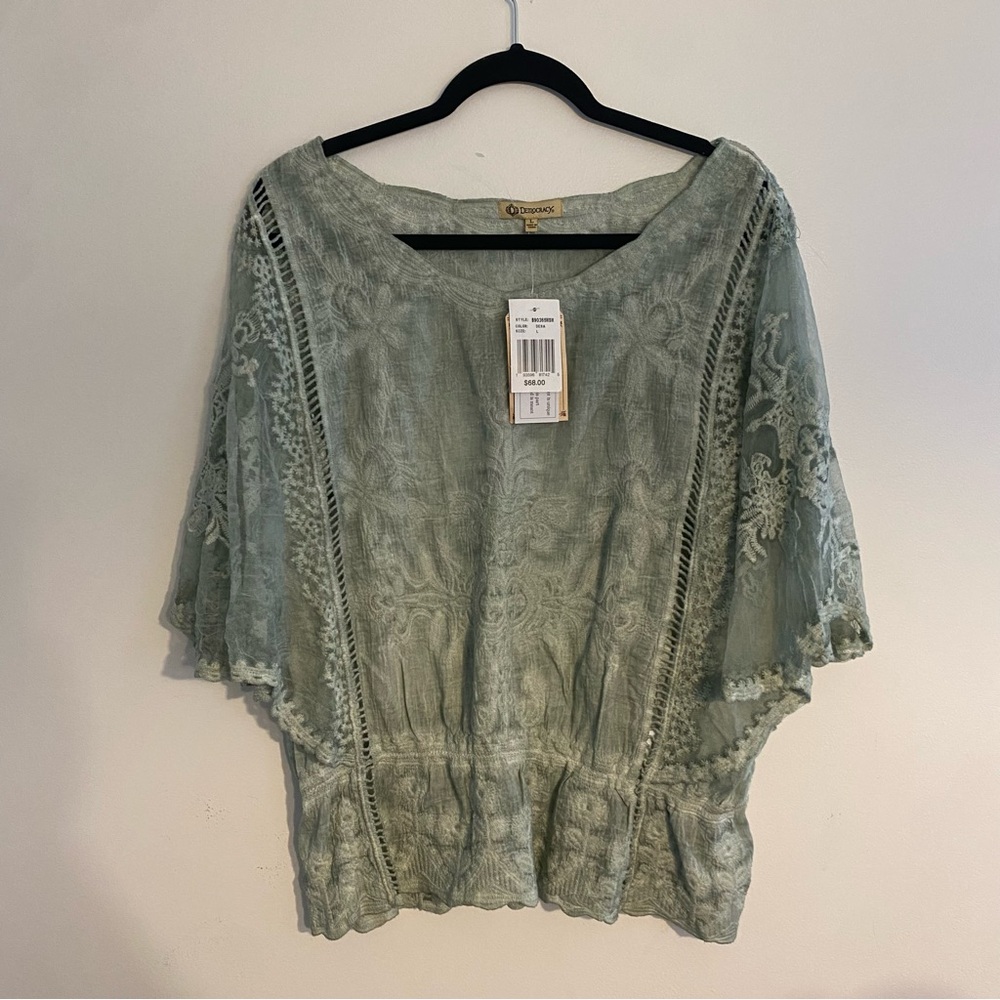 Democracy Green Blouse with Flutter Sleeves and Ruffled Style - Picture 3 of 7